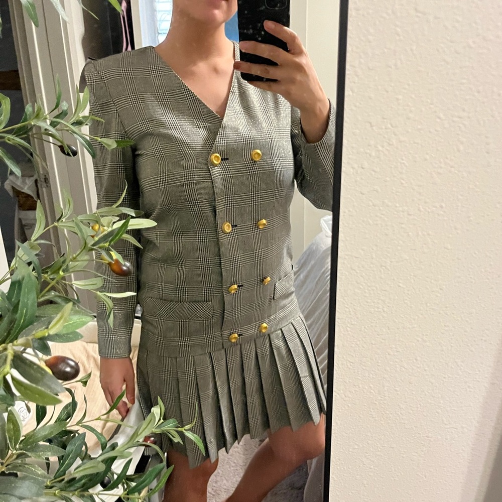 Neiman Marcus David Warren - Vintage Plaid Mini Dress with Gold Buttons